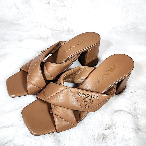Prada - Cross Strap Leather Backless Sandal Slide Heel Pump Brown Size 7.5 - Picture 1 of 12